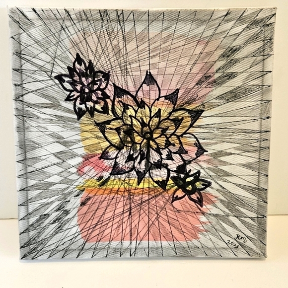 Hand Crafted unique pencil & sharpie on white canvas 3-D Upcycled artwork Floral - Picture 3 of 8